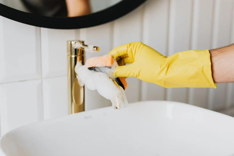 Cleaner using a vacuum in a stylish indoor setting, showcasing cleaning equipment and techniques.